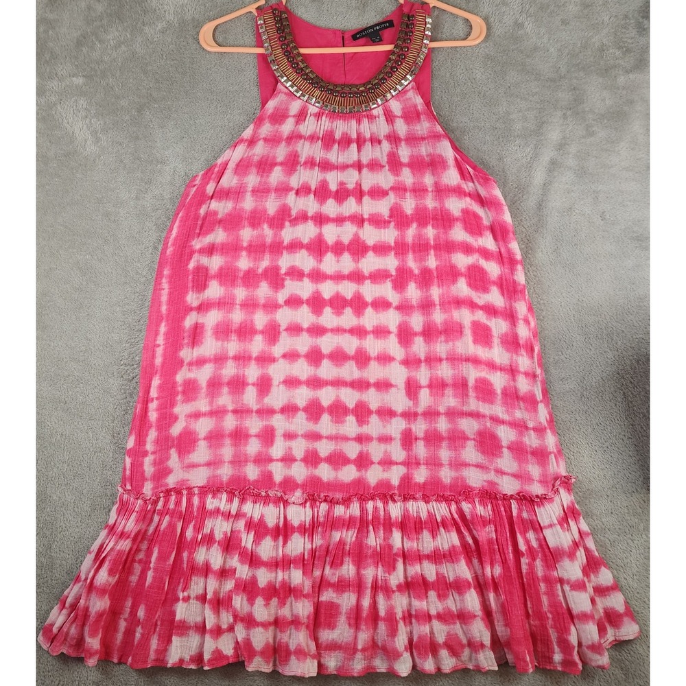 Boston Proper Dress Womens Medium Pink Tie Dye Beaded Halter Ruffle Hem Boho